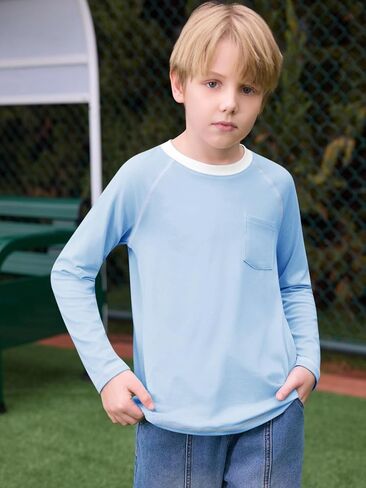 Haloumoning Boys Shirts Kids Long Sleeve Crewneck T Shirts Casual Fall Tops Tees with Chest Pocket 5-14 Years in Saudi Arabia