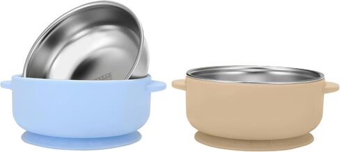 2 Pack Stainless Steel Baby Bowls with Removable Non-Slip Silicone Suction Shell, Anti Scald Food Container for Baby Food Feeding (2 Pack-Blue & Cream) in Kuwait
