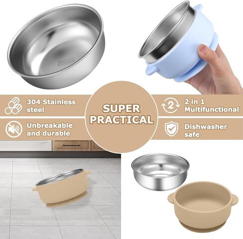 2 Pack Stainless Steel Baby Bowls with Removable Non-Slip Silicone Suction Shell, Anti Scald Food Container for Baby Food Feeding (2 Pack-Blue & Cream) in Kuwait