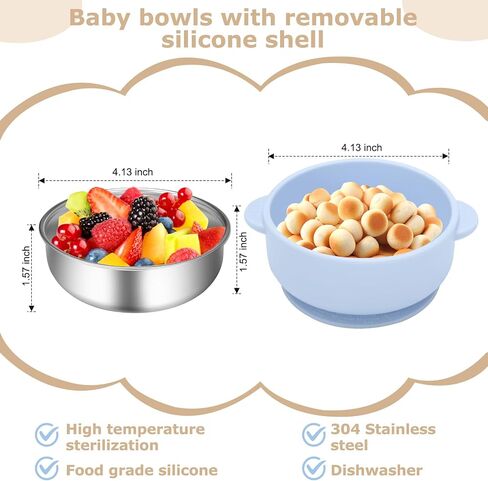 2 Pack Stainless Steel Baby Bowls with Removable Non-Slip Silicone Suction Shell, Anti Scald Food Container for Baby Food Feeding (2 Pack-Blue & Cream) in Kuwait