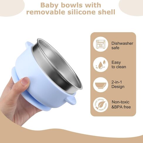 2 Pack Stainless Steel Baby Bowls with Removable Non-Slip Silicone Suction Shell, Anti Scald Food Container for Baby Food Feeding (2 Pack-Blue & Cream) in Kuwait