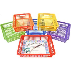 Colored Storage Bins - Set of 6 Stackable Rainbow Rectangle Baskets for Teacher or Student Paper Trays, Classroom Library, Toy Cubby, Desk and Office Table Organization (13 x 9.75 x 3 Inches)