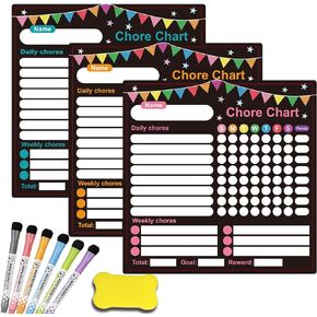Chore Chart for Kids 3 Pack Magnetic Chores Chart for Multiple Kids,Dry Erase Behavior Responsibility Reward Chart Fridge Weekly to Do Memo Checklist with 6 Fine Markers for Kids Children