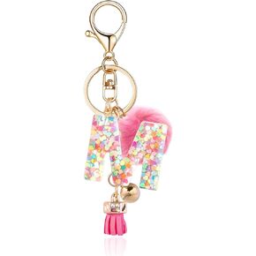 Resin Alphabet Initial Letter Keychain Key Ring for Women Grils Purse Handbags with Deep Pink Fur Ball Pom