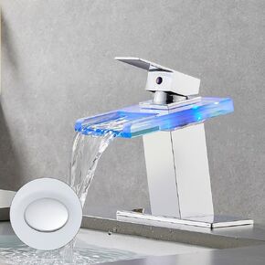 LED Bathroom Sink Faucets, Brushed Nickel Waterfall 3 LED Light Single Handle Stainless Steel Bathroom Faucet with Pop Up Drain