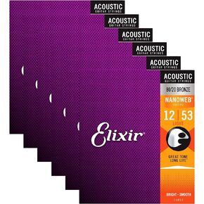 Elixir 11052 Acoustic 80/20 Nano Light 12-53 (6 Pack Bundle)