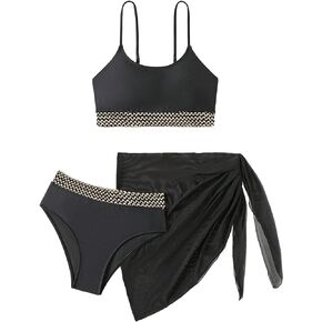 SHENHE Girl's 3 Piece Bathing Suit Scoop Neck Spaghetti Strap Bikini Set with Wrap Skirt