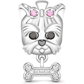 GNOCE Pet Dog Bowl Bead Charm For Women, 14K White Gold Plated S925 Sterling Silver Bead Charm NecklaceBracelet for Her, Jewelry Gift