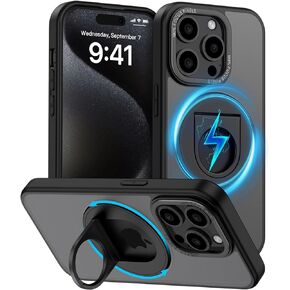 Magnetic Ring Case for iPhone 15 Pro Max, 360°Rotatable Ring Stand Case, Compatible Mag-Safe Ring Holder Phone Case Shockproof Protective Kickstand Cover for iPhone 15 ProMax 6.7 inch, Matte Black