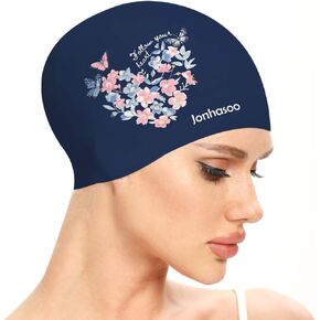Swim Cap Women, Silicone Swimming Cap for Long Hair with Flower Printed