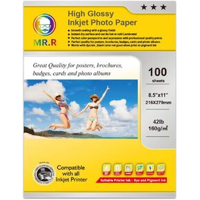MR.R High Glossy Inkjet Photo Paper,letter size 8.5"x11" ,Letter Size with 100 Sheets per pack, 42lb -160gsm