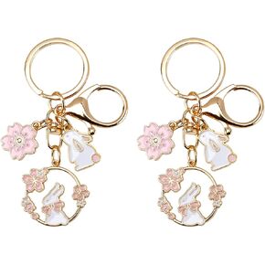 2 قطعة سلسلة مفاتيح رائعة على شكل أرنب لطيف على شكل أرنب سلسلة مفاتيح معدنية على شكل قطرة زيت مع زهر أرنب وزهر الكرز لحقيبة الظهر/سلسلة المفاتيح/المحفظة/المحفظة in Kuwait