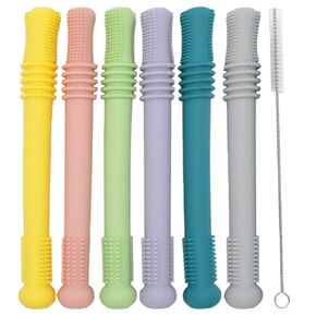 Hollow Stick Teether (Pack of 6) - Chew Straw Toy for Toddlers - Infant Silicone Teether Tube - Teething Toys for Babies - BPA Free, Freezer Safe, Dishwasher Safe, Easy to Hold & Clean