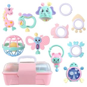 Rattles for Infants Teething Toys for Babies 3-6-12 Months Developmental Baby Early Education Toys Newborn Silicone Puzzle Teether Toy baby Girl Toy Giraffe Elephant Toys (11-pack)