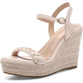 Women's Braided High Heels Wedge Sandals Open Toe Espadrille Summer Sandals with Buckled Ankle Strap Microfiber Leather Dressy Shoes