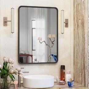 OKPAL 28X36 Inch Black Metal Framed Bathroom Mirror for Wall, Matte Black Bathroom Vanity Mirror, Black Rounded Rectangle Modern Mirror, Rustproof, Shatter-Proof (Horizontal/Vertical)