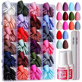Teenitor Press on Nails Short,576pcs Matte Square Short Fake Nails with Nail Glue, Glue on Nails,24 Colors