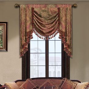 Loom and Mill Jacquard Waterfall Valance for Living Room Bedroom, Luxury Traditional Swag Curtains with Tassels, Damask Swag Window Valances for Banquet Party Holiday Decor, Rod Pocket (39" W)