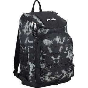 FUEL Wide Mouth Sports Luggage Backpack with Front Bungee and Inner Tech Pocket, Navy/Orange/White