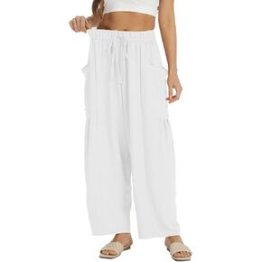 Womens Wide Leg Elastic Waist Beach Pants Summer Casual Baggy Palazzo Harem Pants Trousers with Pockets