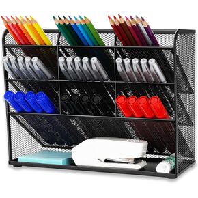 منظم أقلام رصاص مكتبي شبكي، حامل أقلام رصاص، مجموعة منظم سطح المكتب للمكتب - 9 مقصورات مع رف تخزين - حامل أقلام علامات لمستلزمات الأعمال الفنية المنزلية والمكتبية - أسود in Kuwait