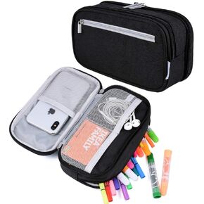 YONZONE Large Capacity Pencil Case Big Storage Pencil Bag Pouch 3 Multifunctional Compartment Pen Marker Cases Holder Portable Office Stationery Organizer Supplies Makeup Bag, Black