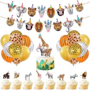 Safari Animals Party Decorations Party Animals Birthday Banner Cake Cupcake Toppers and Balloons for Boys Girls Wild Jungle Animals Birthday Supplies