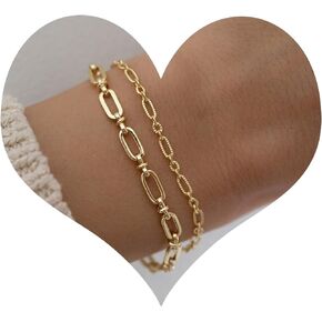 Gold Bracelets for Women 14K Gold Plated Stakable Adjustable Layered Metal Link Bracelets Set Cuban Link Paperclip Chain Dainty Bracelet Pack Gifts