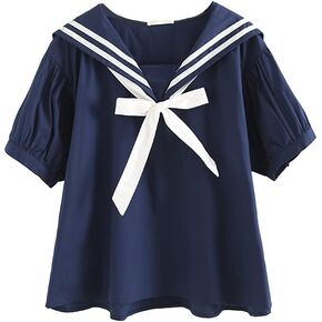 CORIRESHA Girls Cute Bow Sailor Collar Short Sleeve Striped Print Preppy Shirt