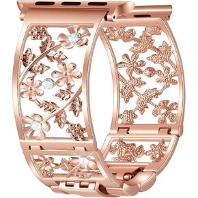 Floral Band Compatible with Apple Watch Jewelry Band 38mm 40mm 41mm iWatch Bands Series 9 8 7 6 SE,Bling Crystal Bracelet Hollow Metal Cuff Dressy,Fashion Women Wristband(38/40/41mm Black)