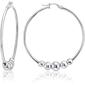 Hoops & Loops 925 Sterling Silver 44mm (1 3/4 inch) Round Click-Top High Polished Hammered Beads Hoop Earrings for Women & Teen Girls, Silver,Yellow, Rose Gold