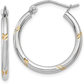 2mm Diamond-Cut Hoop Earrings with Yellow Accents in Real 14k White Gold