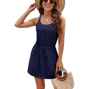 Bluetime Women Hollow Out Swimsuit Coverups Spaghetti Strap Boho Summer Dresses Casual Scoop Neck Swim Sundress