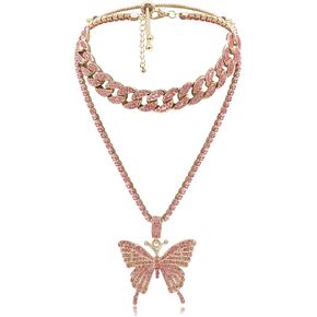 Punk Butterfly Cuban Link Necklace Set for Women Girls Hip Hop Bling Rhinestones Chain Necklace Fashion Animal Jewelry
