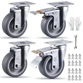5 Inch Castets Set of 4 Heavy Duty Caster Wheels with Brake 3000Lbs Swivel Rigid TPR Rubber Wheel Silent Castor Locking Industrial Plate Casters Wheels for Cart Furniture Workbench, 2 Fixed & 2 Brake