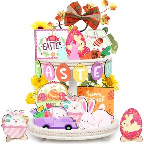 19 PCS Easter Tiered Tray Decorations Set, Tiered Tray Decor 3D Easter Wood Signs Wooden Decorative Trays Farmhouse Rustic Tiered Tray for Home Farmhouse Kitchen Decorations