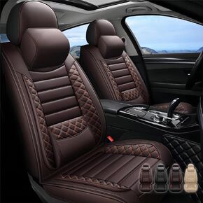 5 Seats Leather Car Seat Cover for cars,Waterproof breathable car seat covers,Airbag compatible seat cover cushions(Black&red,Full Set with Pillows)