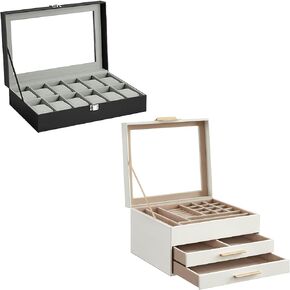 SONGMICS 3-Layer Jewelry Box and 12-Slot Watch Box Bundle, Jewelry Organizer with Glass Lid, for Big and Small Jewelry, Removable Watch Pillows, Cloud White and Ink Black UJBC239WT and UJWB12BK