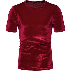 KISSQIQI Mens Shirt Velvet Glossy Short Sleeve Solid Color Fashion T-Shirt