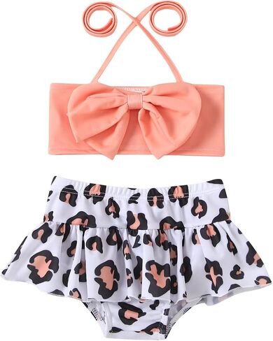 XFGLCK Toddler Girls Swimsuit Bowknot Halter Top+ Stripe Ruffle Bottom Two-Piece Bikini Set Summer Bathing Suit in Saudi Arabia