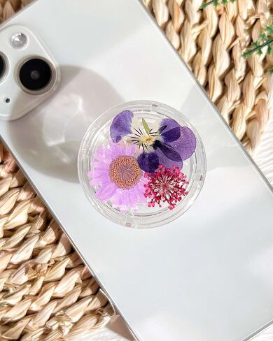 حامل قبضة الهاتف على شكل زهور أرجوانية مضغوطة، ملحق هاتف خلوي شفاف قابل للطي وقابل للتوسيع مصنوع يدويًا، حامل هاتف من الزهور الطبيعية المجففة، دعم الهاتف اللوحي in Kuwait