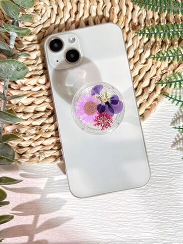 حامل قبضة الهاتف على شكل زهور أرجوانية مضغوطة، ملحق هاتف خلوي شفاف قابل للطي وقابل للتوسيع مصنوع يدويًا، حامل هاتف من الزهور الطبيعية المجففة، دعم الهاتف اللوحي in Kuwait