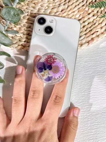 حامل قبضة الهاتف على شكل زهور أرجوانية مضغوطة، ملحق هاتف خلوي شفاف قابل للطي وقابل للتوسيع مصنوع يدويًا، حامل هاتف من الزهور الطبيعية المجففة، دعم الهاتف اللوحي in Kuwait