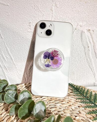 حامل قبضة الهاتف على شكل زهور أرجوانية مضغوطة، ملحق هاتف خلوي شفاف قابل للطي وقابل للتوسيع مصنوع يدويًا، حامل هاتف من الزهور الطبيعية المجففة، دعم الهاتف اللوحي in Kuwait