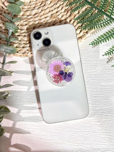 حامل قبضة الهاتف على شكل زهور أرجوانية مضغوطة، ملحق هاتف خلوي شفاف قابل للطي وقابل للتوسيع مصنوع يدويًا، حامل هاتف من الزهور الطبيعية المجففة، دعم الهاتف اللوحي in Kuwait