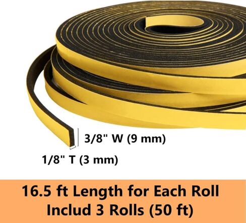 تجريد الطقس 3/8 بوصة عرض × 1/8 بوصة طول، شريط ختم رغوي لباب النافذة، شريط عازل رغوي لاصق يقلل من ضوضاء الغبار والهواء البارد، 16 قدمًا لكل × 3 لفات، أسود (FWS) in Kuwait