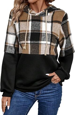 Floerns Women's Plaid Print Drawstring Hoodie Long Sleeve Pullover Sweatshirt in Saudi Arabia