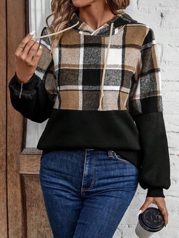 Floerns Women's Plaid Print Drawstring Hoodie Long Sleeve Pullover Sweatshirt in Saudi Arabia