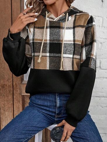 Floerns Women's Plaid Print Drawstring Hoodie Long Sleeve Pullover Sweatshirt in Saudi Arabia