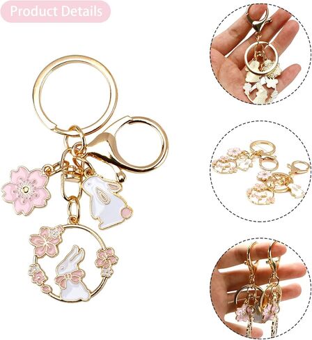2 قطعة سلسلة مفاتيح رائعة على شكل أرنب لطيف على شكل أرنب سلسلة مفاتيح معدنية على شكل قطرة زيت مع زهر أرنب وزهر الكرز لحقيبة الظهر/سلسلة المفاتيح/المحفظة/المحفظة in Kuwait